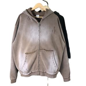 400 GSM Acid Wash Distressed <b>Zip</b>-<b>Up</b> Hoodie For <b>Men</b> Style Heavyweight Thick Soft Warm Casual Streetwear Layering Sweatshirt - Product Image 4