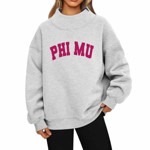 Phi / Mu <b>Mock</b> <b>Neck</b> Crew <b>Neck</b> Sweatshirt Chenille Embroidery Letter Cotton Fleece Oversized Relaxed Fit Greek Sorority - Product Image 1