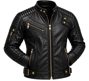 Veste de motard en cuir véritable noir pour homme, fermetures éclair dorées, épaules matelassées, coupe ajustée, coupe-vent, respirante, anti-UV, écologique - Product Image 6