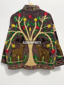 Hand Embroidered <b>Velvet</b> <b>Jacket</b> With Deer And Tree Pattern Mandarin Collar Full Sleeve Women's Winter Coat - Product Image 5