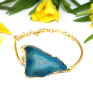 Pulsera de Cristal Curativo Goran Vogue, Moda Étnica, con Rodaja de Ágata Azul Cielo Natural, Chapada en Oro de 18K, Cadena Ajustable de Latón - Product Image 4