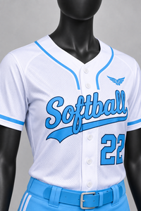 Ensemble uniforme de softball pour femmes, maillot blanc et bleu à col en V et manches courtes avec numéro 22, vêtements ajustés en polyester anti-humidité - Product Image 5