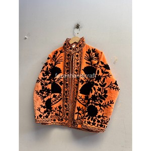 <b>Women</b> Orange Suzani <b>Velvet</b> Jacket Handmade Floral Embroidery Jacket Inside Cotton Lining Jacket For Winter <b>Velvet</b> Jacket - Product Image 3