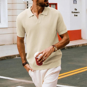 <b>Men's</b> Cream Short Sleeve Knitted Polo Shirt Solid Color Casual Breathable Regular Fit Collared Design - Product Image 4