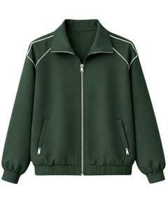 Conjunto Deportivo Personalizado Verde Oscuro para Mujer, Chaqueta con Cierre y Pantalones Jogger, Ropa Deportiva Casual de Dos Piezas con Ribete en Contraste Blanco - Product Image 1