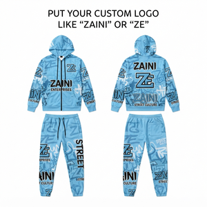 Ensemble de survêtement pour homme en polaire polyester premium 300 GSM bleu ciel avec logo personnalisé par sublimation noir et blanc, style streetwear urbain - Product Image 1