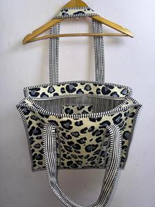 Quilted Leopard Print <b>Tote</b> <b>Bag</b> with Striped Piping <b>Large</b> Cotton Shoulder <b>Bag</b> Handmade Animal Print Shopper - Product Image 4