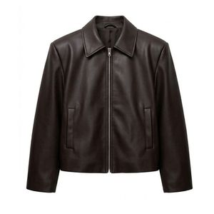 Washed <b>Grey</b> Cowhide Rugged Leather <b>Jacket</b> Utility Flap Chest Pockets Antique Zip Industrial Point Neck Sleeves Women Coats - Product Image 5