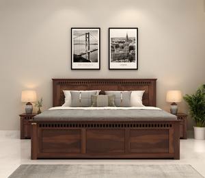 Cama de madera de Sheesham artesanal más vendida con caja de almacenamiento lateral, tamaño King, acabado en nogal, cama de madera, cama Royal India - Product Image 1