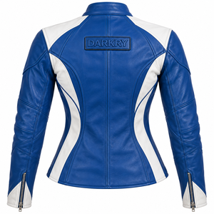 Royal Blue Leather <b>Jacket</b> <b>Womens</b> White Side Accent Snap Collar Biker Slim Fit Zip Cuff Custom Racing Track Outerwear Coat Tops - Product Image 2