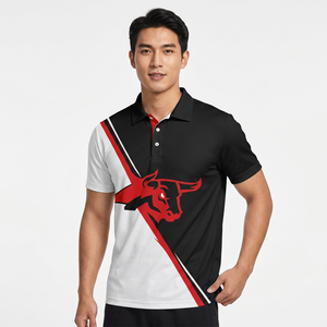 Polo de Manga Corta para Hombre con Estampado de Logo de Toro, Bloques de Color Negro, Blanco y Rojo, de Secado Rápido, Tejido de Poliéster, Ajuste Casual - Product Image 4
