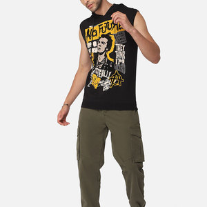 Sweat-shirt à capuche sans manches pour homme, noir, style punk, logo imprimé sur le devant, coupe classique, en coton tricoté, pour le printemps - Product Image 4