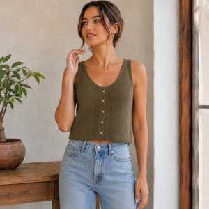 Top Corto de Punto Acanalado Blanco para Mujer, Manga Corta, Cierre de Botones al Frente, Estilo Casual de Verano, Cuello Redondo - Product Image 2