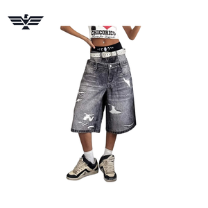 High Waist Distressed Denim <b>Shorts</b> With Ripped Details And <b>Belted</b> Design For Summer Casual Wear - Product Image 5