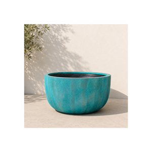 Jardinière élégante en fibre de verre turquoise avec surface patinée texturée, design rond large pour la décoration d'entrée extérieure - Product Image 1