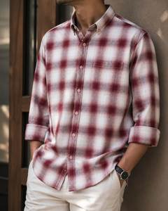 Camisa a Cuadros Gingham Casual para Hombre, 100% Algodón, Cuello Mao, Corte Holgado, Manga Larga, Exportación de BD - Product Image 5