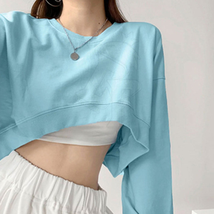 Camiseta de punto corta para mujer, cuello redondo, azul claro, manga corta, color liso, cremallera frontal, ajuste holgado, informal, para primavera y verano, de secado rápido - Product Image 4