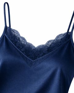 Navy Blue Satin Camisole Shorts Set Women Sleepwear <b>Lace</b> Trim Spaghetti Strap Soft Breathable Summer Nightwear Pajama Set Lounge - Product Image 6