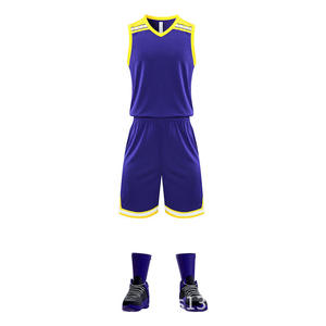 Conjunto de Uniforme de Baloncesto Sublimado Personalizado, Sin Mangas, Cuello en V, con Ribete Amarillo y Morado, Absorbente de Humedad, Unisex, para Adultos, de Poliéster - Product Image 1