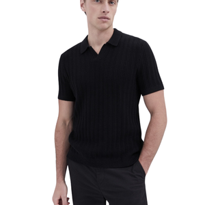 Polo en maille pointelle noire pour homme, manches courtes, 100 % coton, coupe ajustée, décontracté, respirant, haut de mode estival pour la vente en gros et l'OEM - Product Image 4