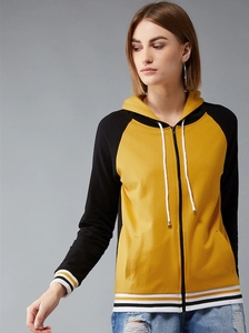 Sudadera con capucha para mujer, amarilla y negra, con bloques de color, manga larga, cremallera, informal, de punto de algodón, para otoño - Product Image 1