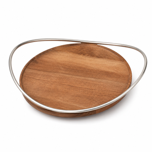Premium Wooden Round Decorative Tray with Metal Rim | Accent Coffee <b>Table</b> Display Organizer Centerpiece Home Decor Serving Tray - Product Image 1