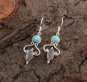 Boucles d'oreilles pendantes artisanales en argent sterling avec labradorite et turquoise naturelles, bijoux de luxe bohèmes pour femmes, cadeau de fête - Product Image 2