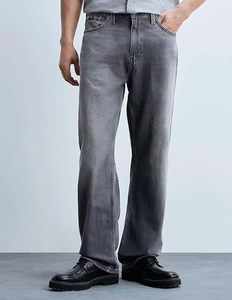 Jean en denim gris délavé pour homme, coupe large, 100 % coton, écologique, résistant à la décoloration, coupe ample, taille mi-haute, décontracté, couleur unie - Product Image 3