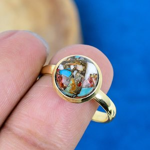Natural Oyster <b>turquoise</b> Round Shape Cut Gemstone 18k Gold Plated Bezel Handmade <b>Ring</b> For Women - Product Image 3