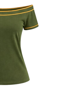 T-shirt vert olive pour femme, épaules dénudées, avec bordure contrastante moutarde, manches courtes, coupe ajustée, décontracté, haut d'été, fabricant - Product Image 3