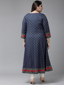 Kurti Anarkali de Rayón para Mujer, Talla Grande, Diseño con Cuello Redondo, Mangas Tres Cuartos y Estampado Floral Azul, Ropa Casual - Product Image 3