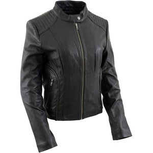 SAMROZ SPORTS Leather Women's Black Premium Leather Biker Jacket w/Mandarin Collar - Product Image 1