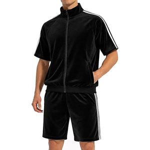 ชุดวอร์มกำมะหยี่ผู้ชายแบบสองชิ้น เสื้อแจ็คเก็ตแขนสั้นแบบซิปเต็มตัวและกางเกงขาสั้น ชุดลำลองใส่สบายสำหรับฤดูร้อน - Product Image 1