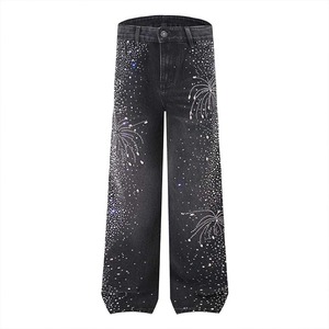 Jean en denim clouté de strass, coupe droite ample, style streetwear, vente en gros, OEM, jean entièrement clouté tendance - Product Image 1