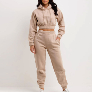 Ensemble de survêtement unisexe beige à capuche court, manches longues, couleur unie, décontracté, avec poches latérales et taille élastique, 100 % coton - Product Image 5