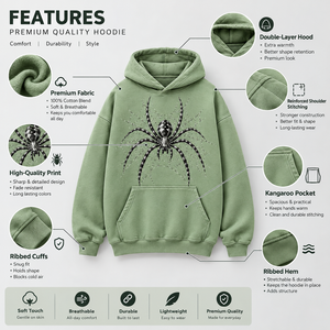 Sweat-shirt à capuche vert clair pour homme, décontracté, avec poche avant, imprimé toile d'araignée noire, coupe ample, 100% coton molletonné - Product Image 5