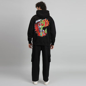 Men's Black Hooded Tracksuit Solid Color Casual Full Sleeve Cotton Sweatshirt and Cargo <b>Pants</b> Set with Front Logo Print - Product Image 3