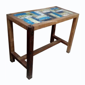 Table de bar en bois de bateau récupéré, design patchwork mosaïque, couleur originale, écologique, durable, rustique, table haute de bar, mobilier - Product Image 2