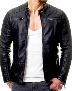 Chaqueta de Motociclista al por Mayor para Hombre, de Cuero PU, Ajustada, Estilo Café Racer, con Cuello Alto, Hombros Acolchados y Bolsillos con Cremallera, Ropa Urbana para Moto - Product Image 4