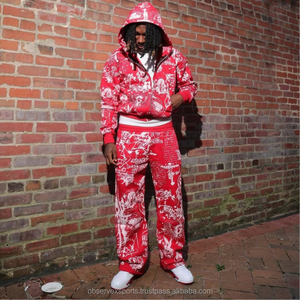 Vêtements personnalisés des fabricants Ensemble sweat à capuche et pantalon de survêtement graffiti en coton imprimé Survêtement pour hommes - Product Image 1