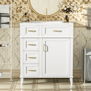 Adjustable Shelf 30-Inch <b>Bathroom</b> <b>Vanity</b> with Soft Close Door & Drawers Featuring Ceramic Sink and Three Soft Close Units - Product Image 3