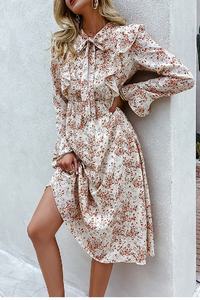 เดรสมิดิลำลองพิมพ์ลายดอกไม้สำหรับผู้หญิงใส่ในฤดูร้อนทรงพอดีตัวขนาดใหญ่พิเศษมีโบว์ผูกโบว์แขนระบายเอวแบบเอ็มไพร์ - Product Image 3