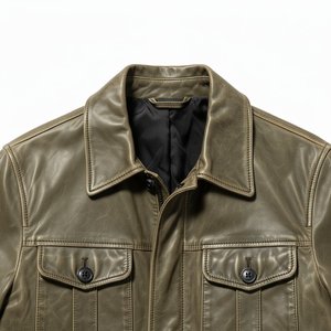 Chaqueta de Cuero Verde Oliva para Hombre, Estilo Workwear, Cuello Camisero, Cierre de Cremallera, Cuatro Bolsillos, Forro de Algodón, para Otoño - Product Image 5