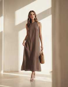 Vestido Maxi de Lino 100% para Mujer, Transpirable, Sencillo, con Corte Acampanado, Sin Mangas, con Tirantes Ajustables, Corte Regular, Estilo Casual de Verano, Fluido, Ideal para Vacaciones, Natural y Dulce - Product Image 3