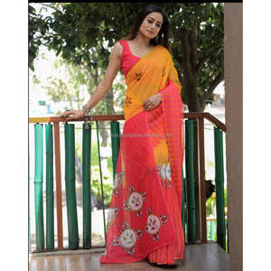 ผ้าลินินพิมพ์ลายดิจิตัลชุดส่าหรีสีเหลืองและสีแดงชุดปาร์ตี้ - Product Image 1