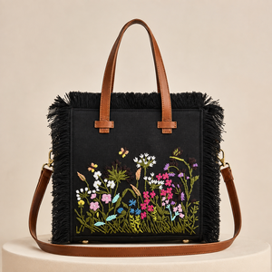 Lady Fashion <b>Black</b> Landscape <b>Sequined</b> Embroidered Tote <b>Bag</b> Canvas Lining Single Strap Fringe Shoulder Crossbody Shopping Travel - Product Image 1
