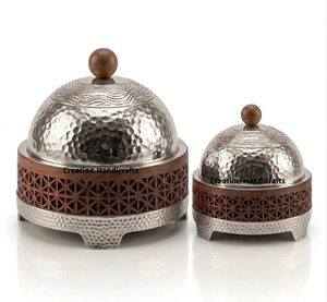 New Arrival Luxury Wooden Metal Food Warmer Casserole Set Hammered Stand Base Hot Pot Decorative Insulated Tableware Server - Product Image 2