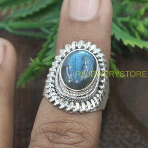 Natural Labradorite Gemstone <b>Ring</b> Handmade 925 Sterling <b>Silver</b> Vintage Statement <b>Ring</b> Oval Cabochon Boho Jewelry for Women <b>Men</b> - Product Image 5