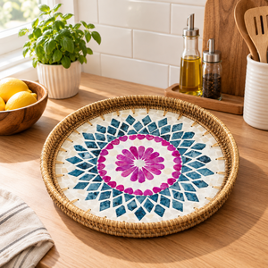Plateau en mosaïque de rotin, art populaire - Product Image 2