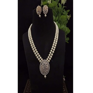 Glamorous Premium Quality Natural White Round <b>Pearls</b> <b>Set</b> with CZ Stones Necklace & Earrings <b>Set</b> for Women Girls Collection - Product Image 1